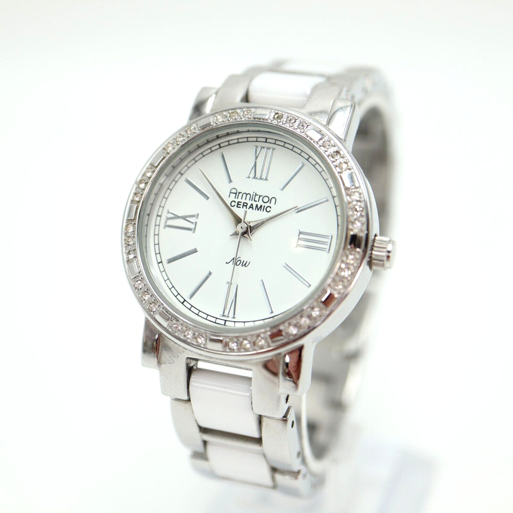 Armitron Now Ceramic Women Watch 32mm Silver Tone Pave White Band w New Battery